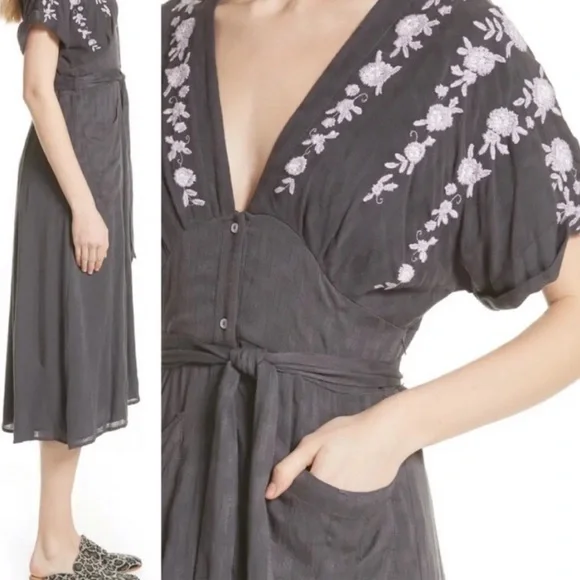 Free People Embroidered Tie Waist Midi Dress - Picture 2 of 10